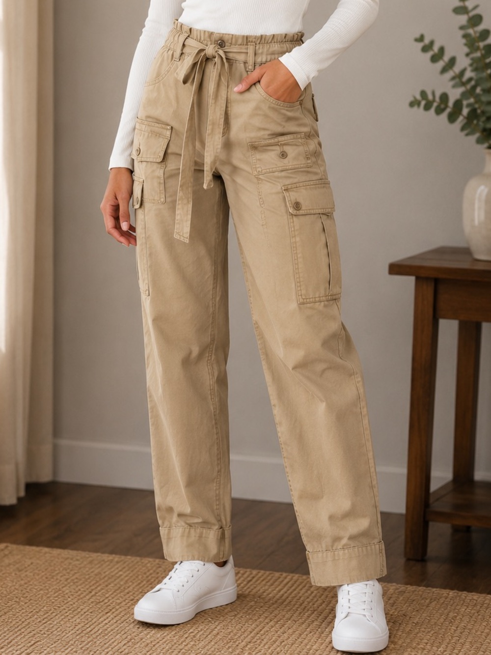 River Island Khaki Cargo Tapered Pants